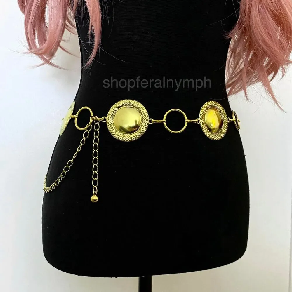 Gold Y2K Textured Domed Disc Chain Belt, Fits 25-43.5 Inches, X7GA1284